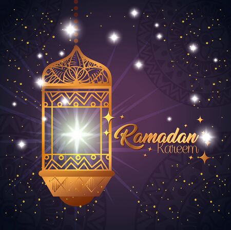 ramadan kareem poster with lantern hanging vector illustration designのイラスト素材