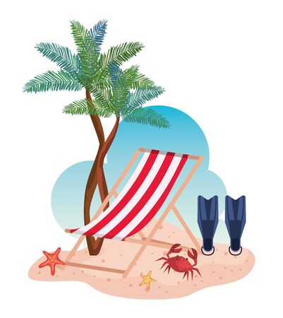 tanning chair with fin water equipment and palms trees to summer time vector illustrationのイラスト素材
