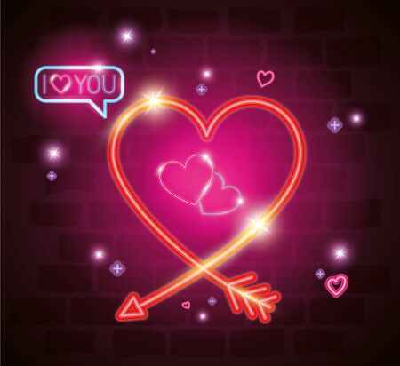heart with i love you lettering in neon light, valentine day vector illustration designのイラスト素材