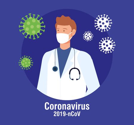 pandemic coronavirus 2019 with doctor male vector illustration designのイラスト素材