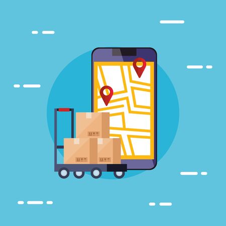 smartphone with map location app and boxes vector illustration designのイラスト素材