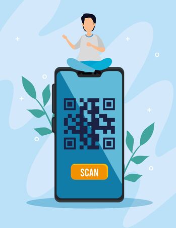 scan code qr in smartphone with man and icons vector illustration designのイラスト素材
