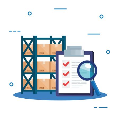 warehouse metal shelving with boxes and icons vector illustration designのイラスト素材