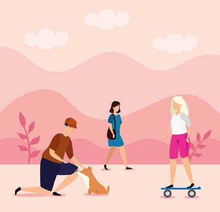 couple with dog in landscape nature vector illustration designのイラスト素材