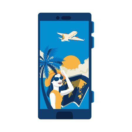 smartphone with woman in screen and app travel vector illustration designのイラスト素材