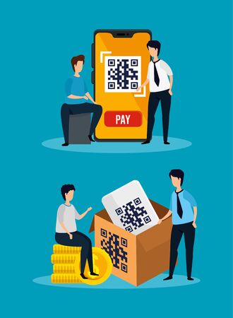 scenes of men with code qr and icons vector illustration designのイラスト素材