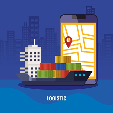 smartphone with map location app and cargo ship vector illustration designのイラスト素材