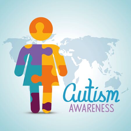 world autism day with woman silhouette and puzzle pieces vector illustration designのイラスト素材