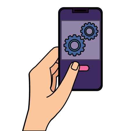 hand using smartphone and gears isolated icon vector illustration designのイラスト素材