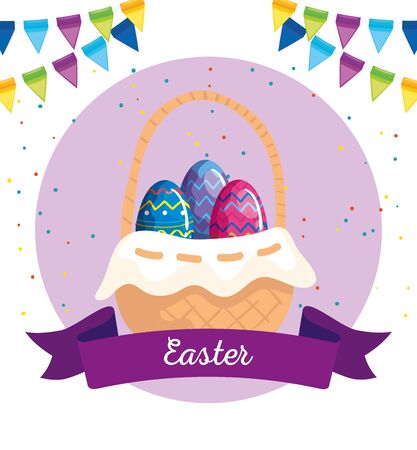 happy easter card with eggs in basket wicker and decoration vector illustration designのイラスト素材