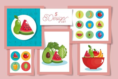 Five designs, healthy organic food fresh natural market product quality and restaurant theme Vector illustrationのイラスト素材