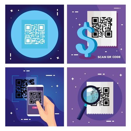 set poster of scan code qr and icons vector illustration designのイラスト素材