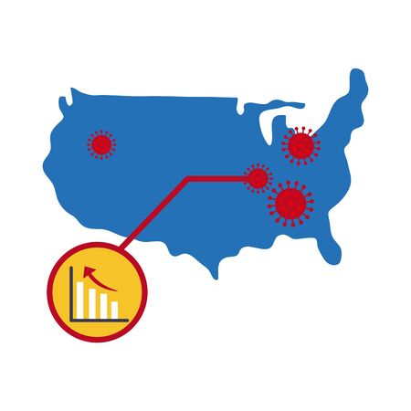 map of usa with covid 19 information and icons, flat style icon vector illustration designのイラスト素材