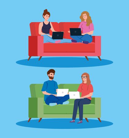 people working in telecommuting with laptop in couches vector illustration designのイラスト素材