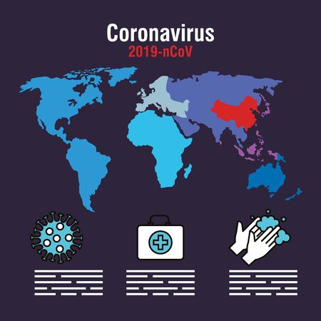 covid 19 infographic with world map and icons vector illustration designのイラスト素材