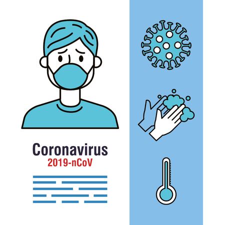 covid 19 infographic with person sick and icons vector illustration designのイラスト素材