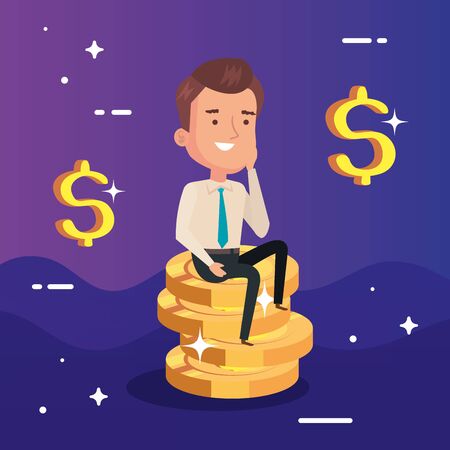businessman elegant sitting in pile coins vector illustration designのイラスト素材