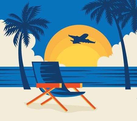 travel poster with chair in beach landscape vector illustration designのイラスト素材