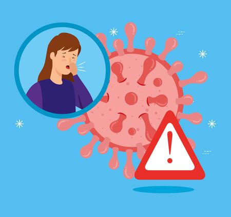 sick woman of covid 19 and alert sign vector illustration designのイラスト素材