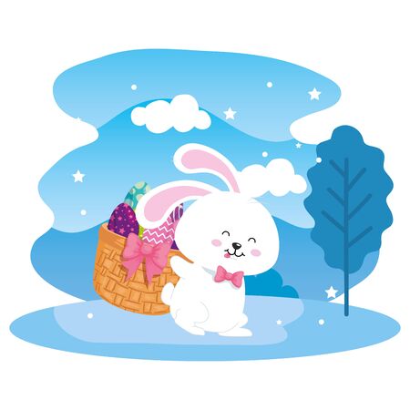 eggs easter in basket wicker with bunny and landscape vector illustration designのイラスト素材