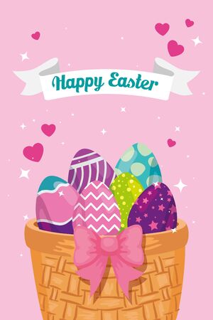 happy easter card with eggs decorated in basket wicker vector illustration designのイラスト素材