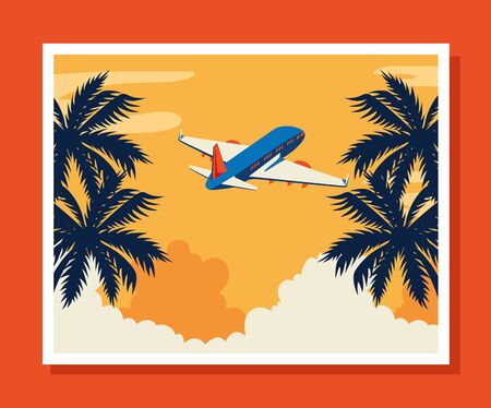 travel poster with airplane flying and tree palms vector illustration designのイラスト素材