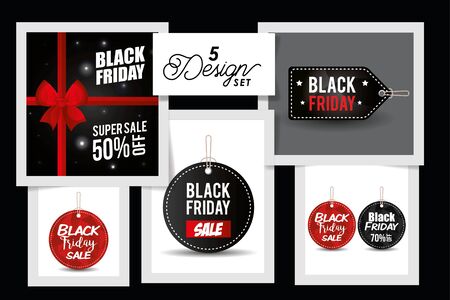 five designs of black friday labels vector illustration designのイラスト素材