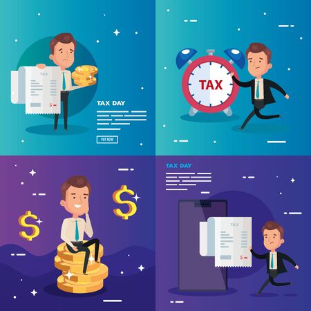 set of tax day posters with icons vector illustration designのイラスト素材