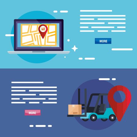 forklift box gps mark map and laptop design, Delivery logistics transportation shipping service warehouse industry and global theme Vector illustrationのイラスト素材