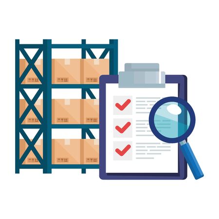 warehouse metal shelving with boxes and icons vector illustration designのイラスト素材