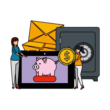 women using tablet with envelopes and money icons vector illustration designのイラスト素材