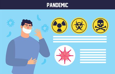 person with covid 19 particle and caution signals vector illustration designのイラスト素材