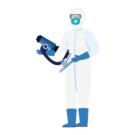 person with biohazard suit protection and microscope vector illustration designのイラスト素材