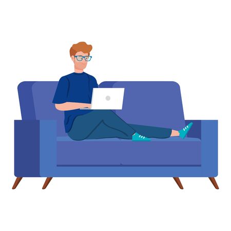 man working in telecommuting with laptop in couch vector illustration designのイラスト素材