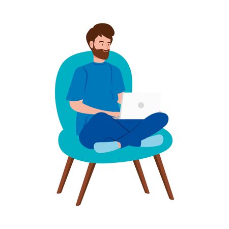 man working in telecommuting with laptop sitting in chair vector illustration designのイラスト素材