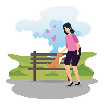 woman with dog in park wooden chair vector illustration designのイラスト素材