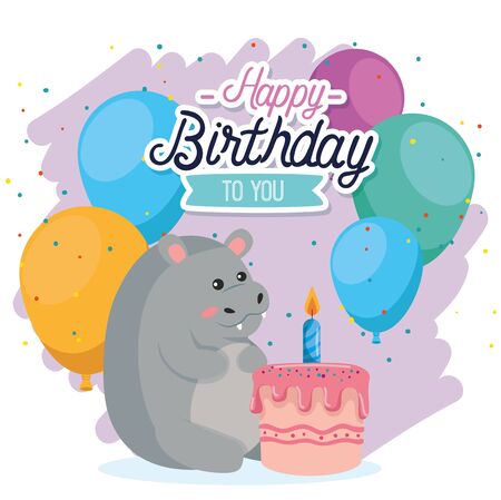 cute hippopotamus animal with sweet cake and balloons to happy birthday, vector illustrationのイラスト素材