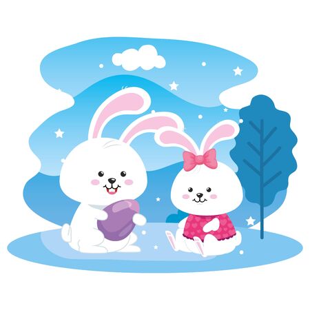 cute rabbits animals in landscape nature vector illustration designのイラスト素材