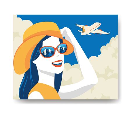 travel poster with woman and airplane vector illustration designのイラスト素材