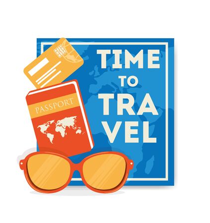 time travel poster with passport and icons vector illustration designのイラスト素材