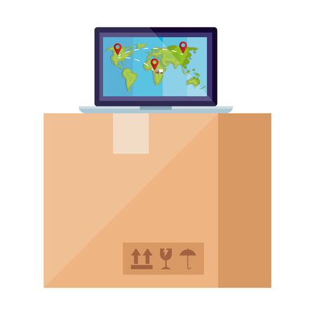 Box and laptop with map design, Delivery logistics transportation shipping service warehouse industry and global theme Vector illustrationのイラスト素材