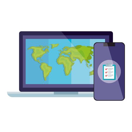 smartphone and world map inside laptop design, Delivery logistics transportation shipping service warehouse industry and global theme Vector illustrationのイラスト素材