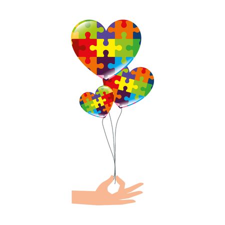 hand with balloons helium of puzzle pieces vector illustration designのイラスト素材