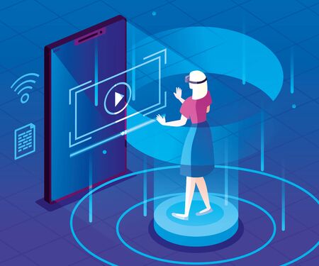 woman with glasses of reality augmented and smartphone vector illustration designのイラスト素材