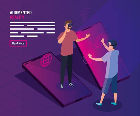 men with glasses of reality augmented and smartphone vector illustration designのイラスト素材
