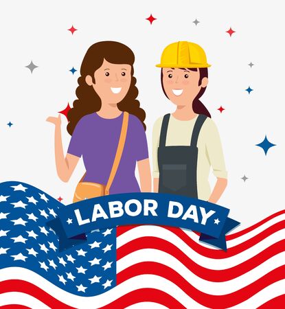 businesswoman and woman builder with usa flag to labor day, vector illustrationのイラスト素材