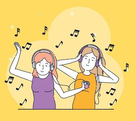 happy girls with headphones technology and mp4 over orange background, vector illustrationのイラスト素材