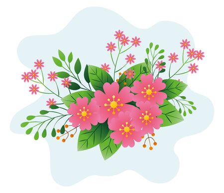 decoration of flowers pink color with branches and leafs vector illustration designのイラスト素材
