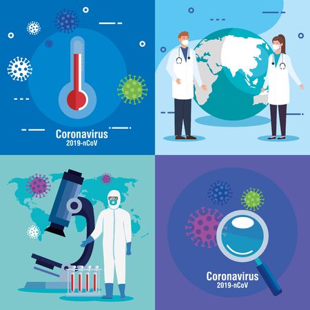 set poster of covid 19 and icons vector illustration designのイラスト素材