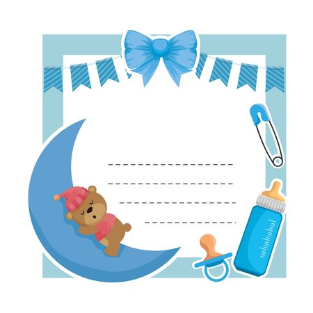 baby shower card with bear sleeping in moon vector illustration designのイラスト素材